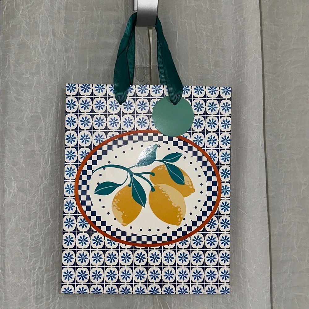 Punch StudioβWHITE NAVY GOLD Floral Lemons Checkered RIBBON HANDLES GIFT BAG